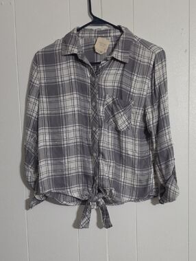 NWT Harper Gray and White Plaid Button-Up with Tie Detail